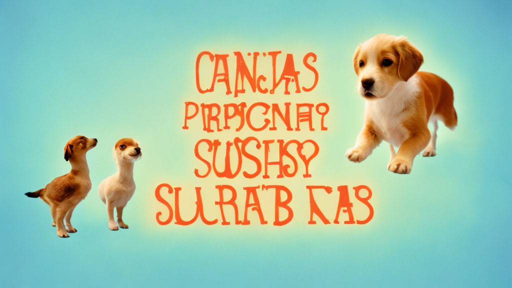 Three dogs, one golden retriever puppy, floating in mid-air against blue background with jumbled letters