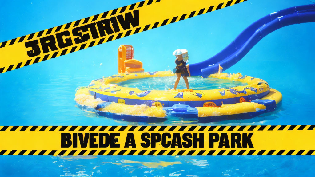 Person in Yellow and Blue Pool Ring Floating on Water with Slide, Vibrant Blue Background and Text Over