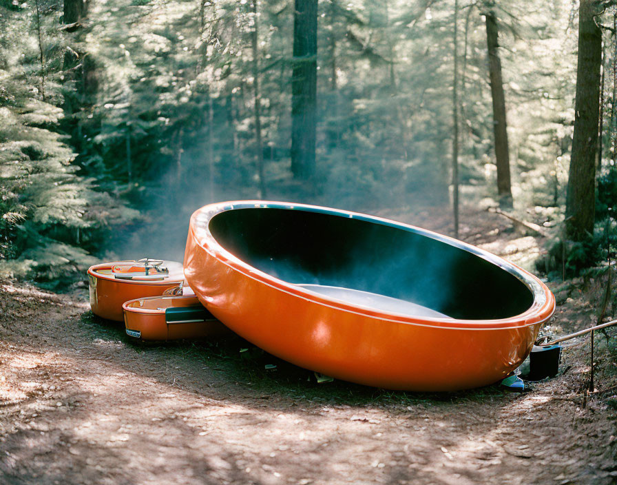 Serene forest setting with oval-shaped orange hot tub