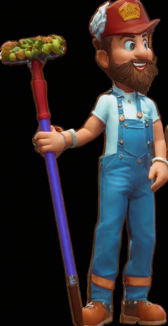 Bearded animated character in red cap and blue overalls with grass-covered shovel