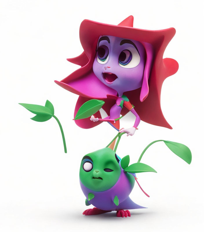 Red Flower Animated Character Walking Green Creature with Leafy Appendages