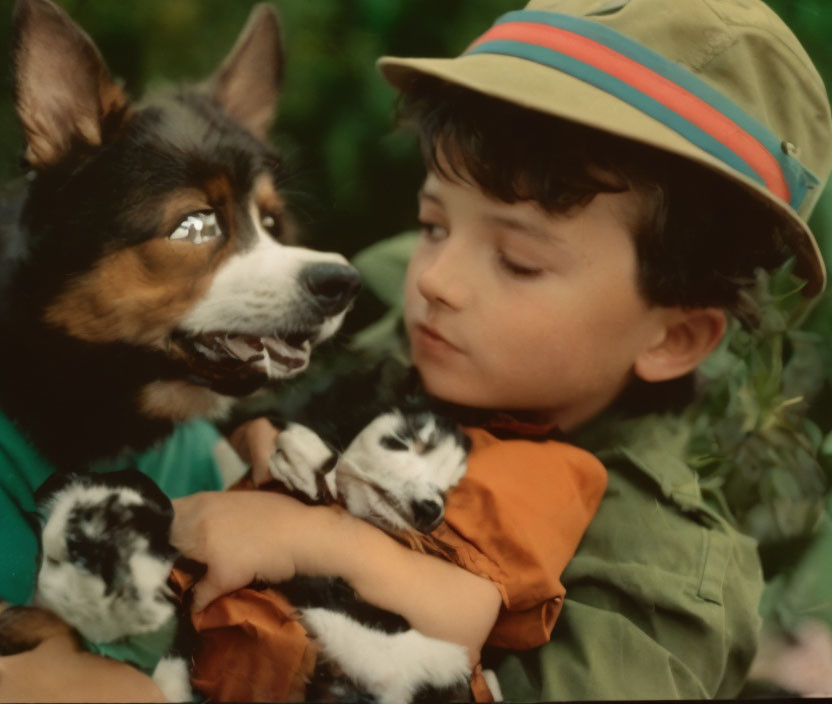 Young boy in green hat cuddles small puppy with attentive larger dog