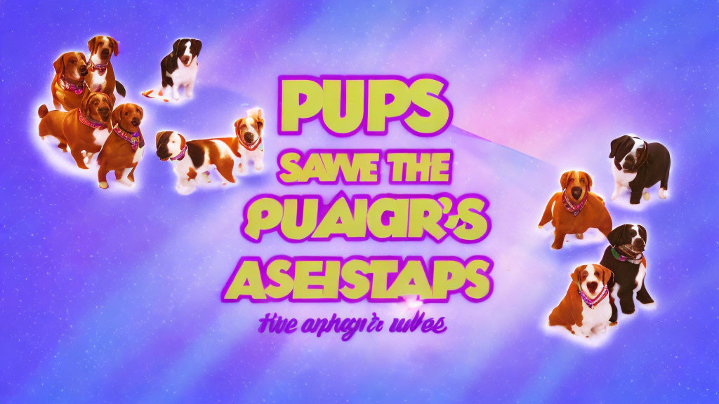 Colorful graphic: Cartoon dogs on purple space background.