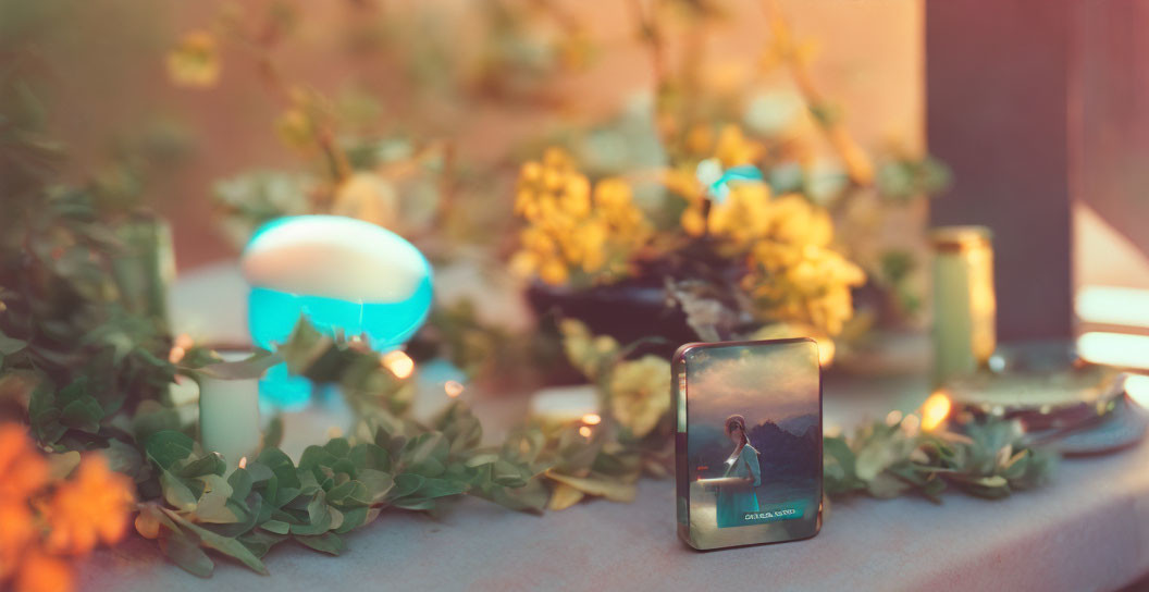 Person on Smartphone Surrounded by Candles and Greenery