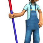 Bearded animated character in red cap and blue overalls with grass-covered shovel