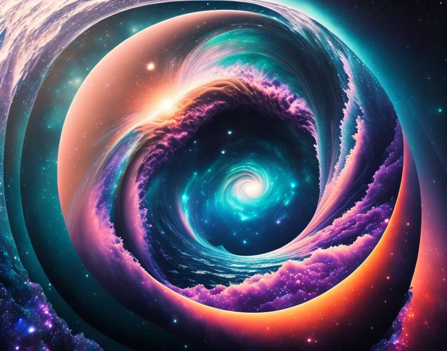 Vibrant swirling galaxy with blue, purple, and pink colors.