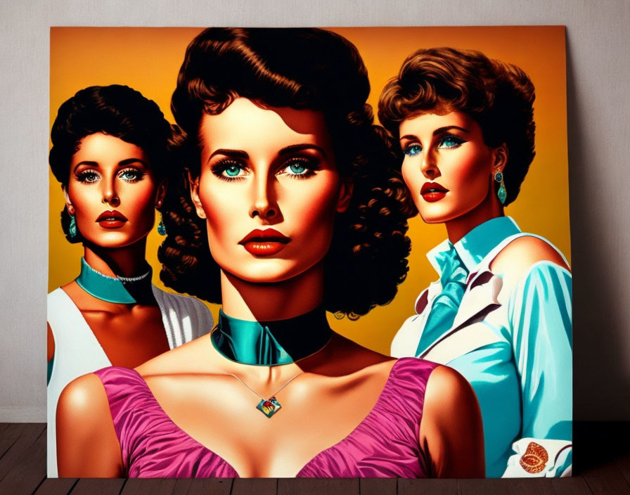 Colorful painting of three women with vintage style hair and makeup