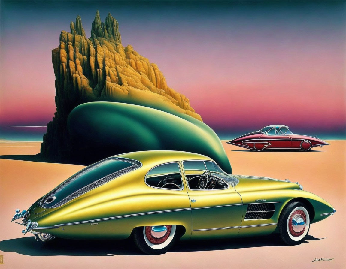 Futuristic Vintage Cars in Pastel Sunset Scene