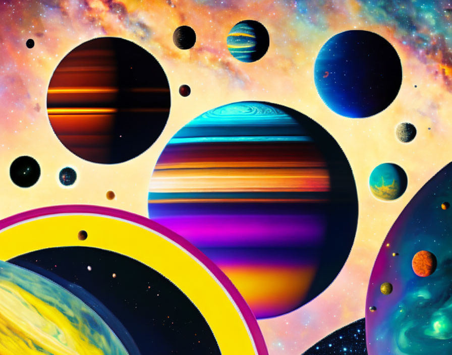 Colorful planets and stars in cosmic digital artwork