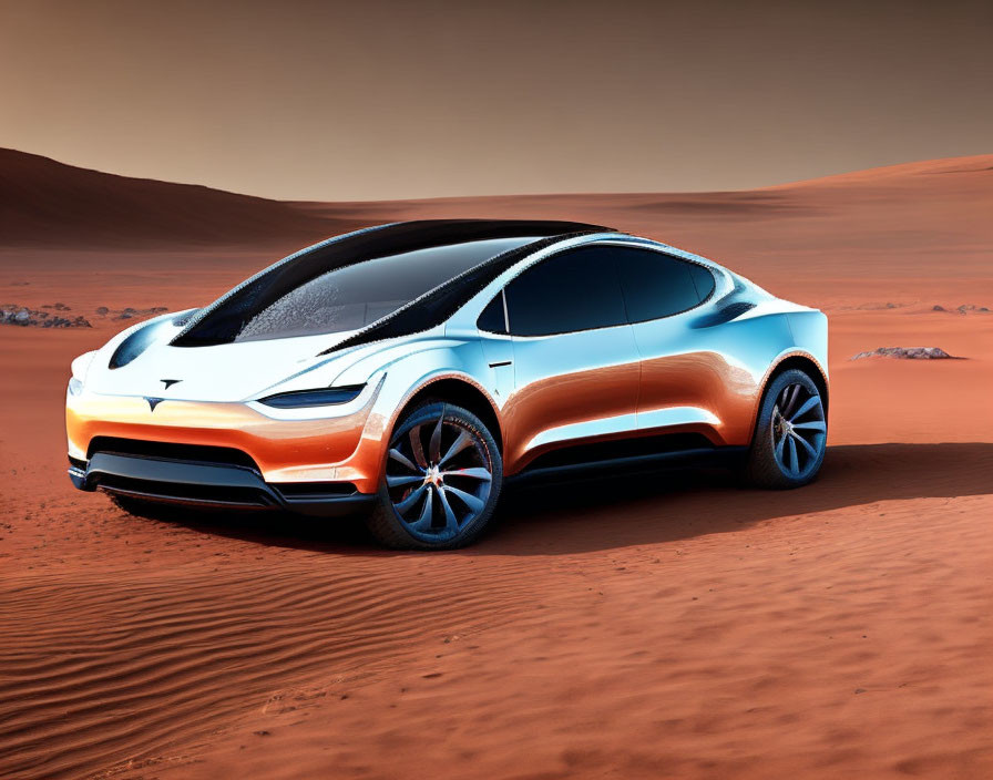 Futuristic Electric Car in Orange and White on Mars-like Desert