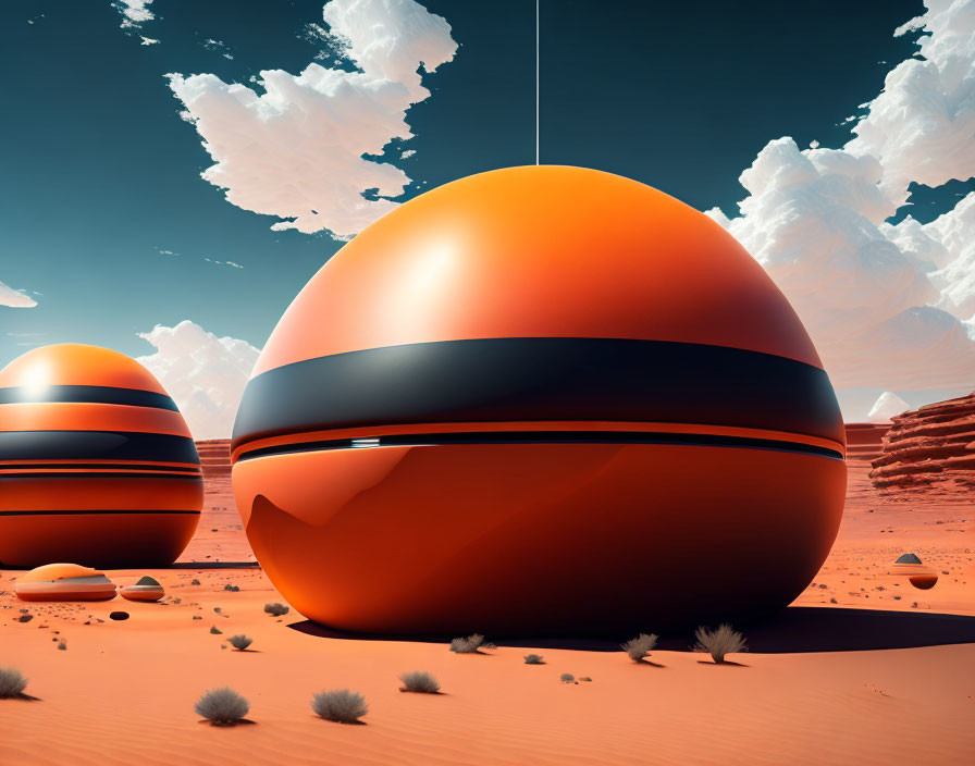 Surreal landscape featuring orange-striped spherical objects in a desert under a blue sky