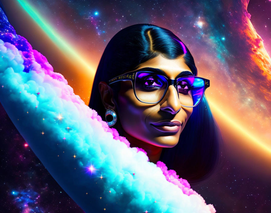 Colorful digital portrait of woman with glasses in cosmic background