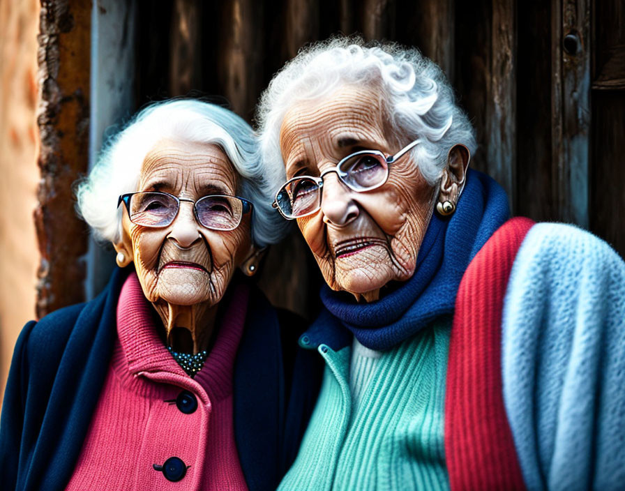 Elderly women with glasses and colorful scarves standing together