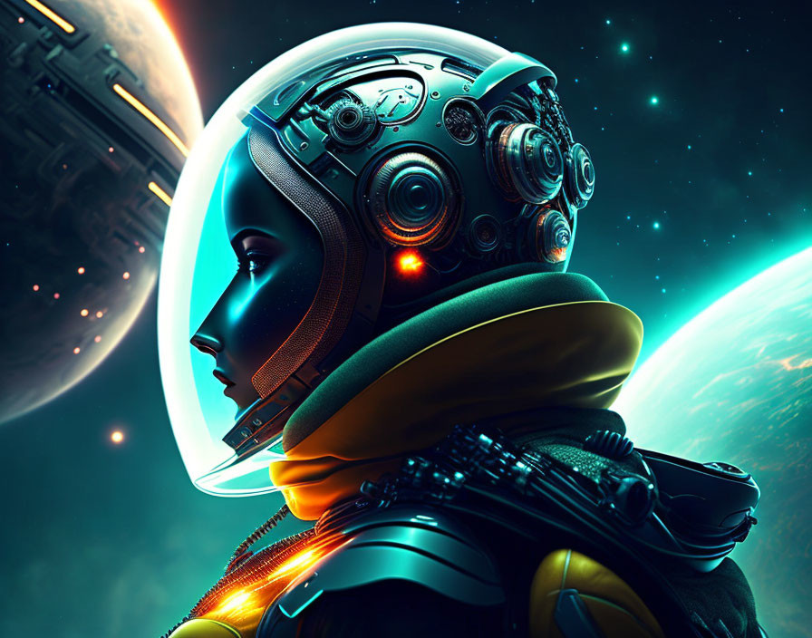 Detailed futuristic astronaut helmet with planet and spacecraft.