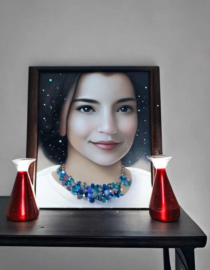 Smiling woman portrait with necklace between red candles