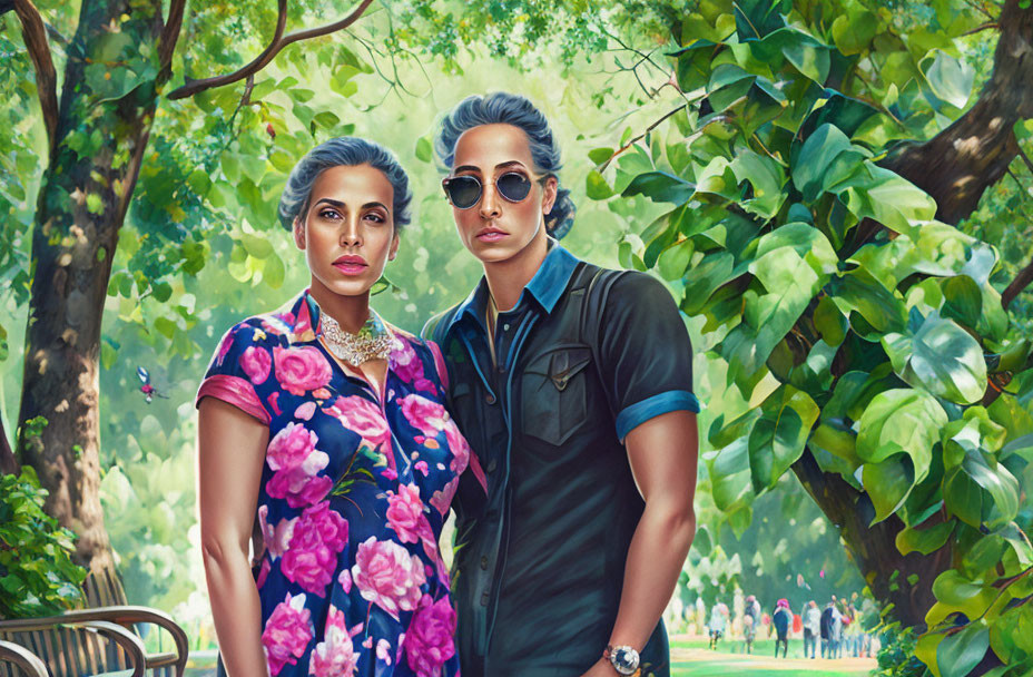 Stylish people in sunglasses posing in a park with vibrant greenery