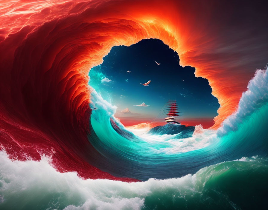 Digital artwork: Wave forming heart with birds, sailboat in red & blue sky