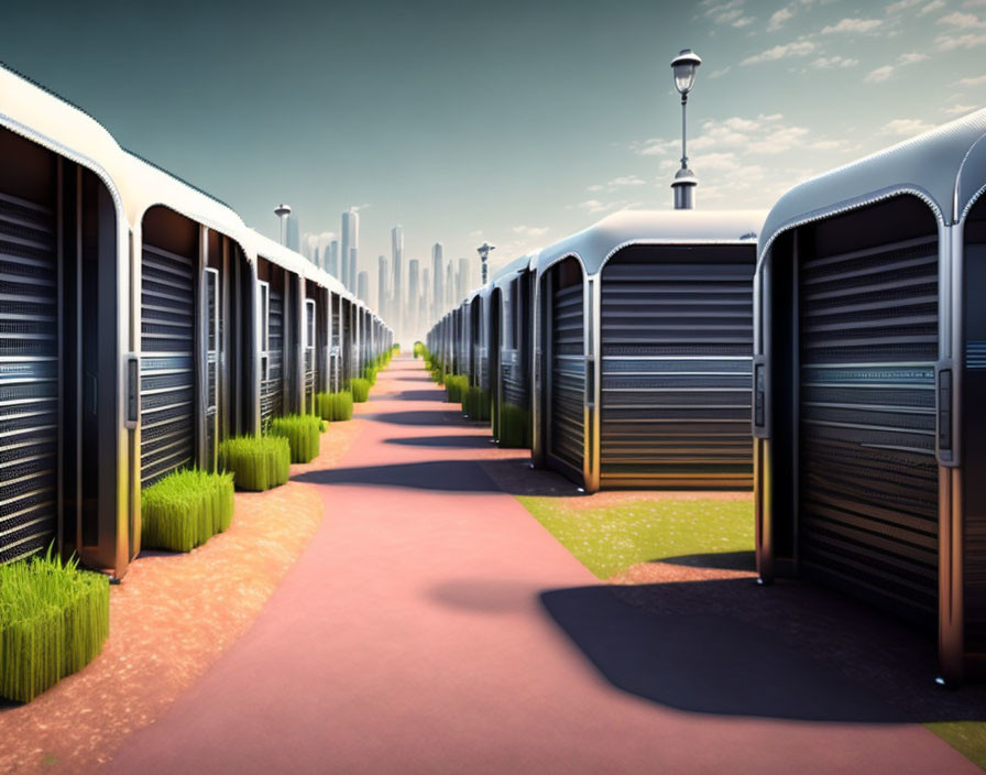 Stylized modern cabins in row with curved design, leading to city skyline under clear sky