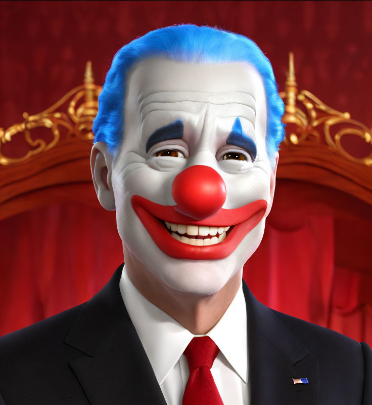 Cheerful clown with blue suit, American flag pin, red nose, and blue hair on red