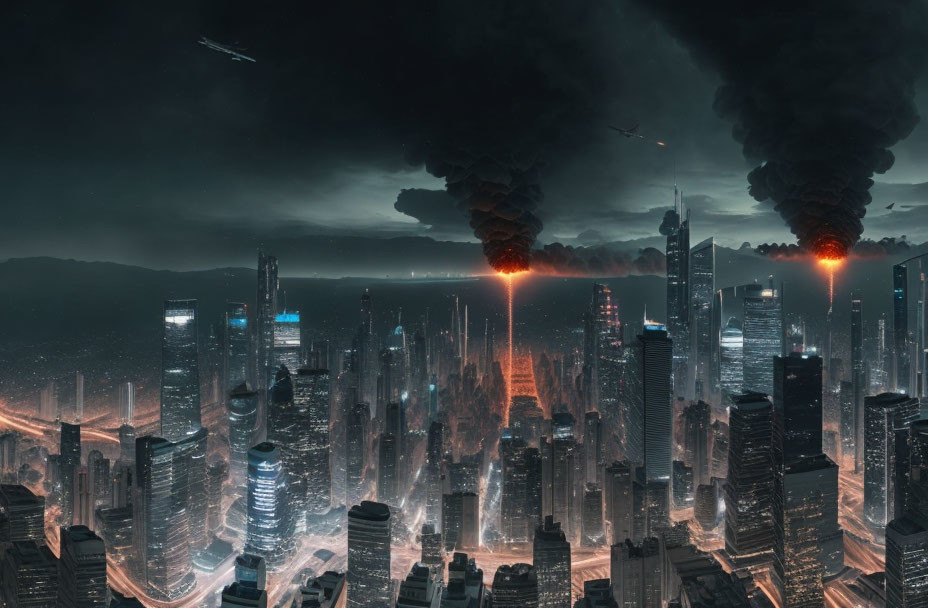 Dystopian night cityscape with futuristic skyscrapers and fiery explosions