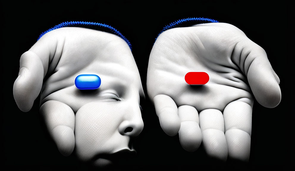 Hands holding red and blue pills with face imprint on palm, black background