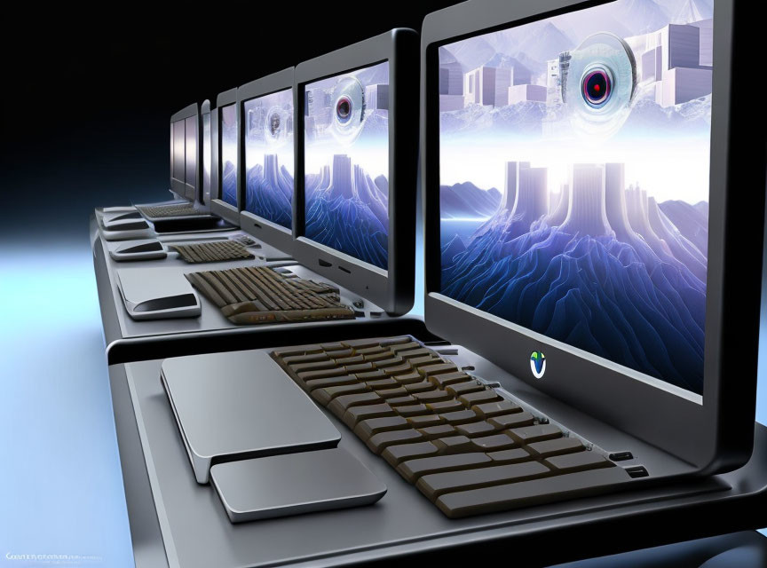 Sleek computers with eye graphics on screens against dark abstract background