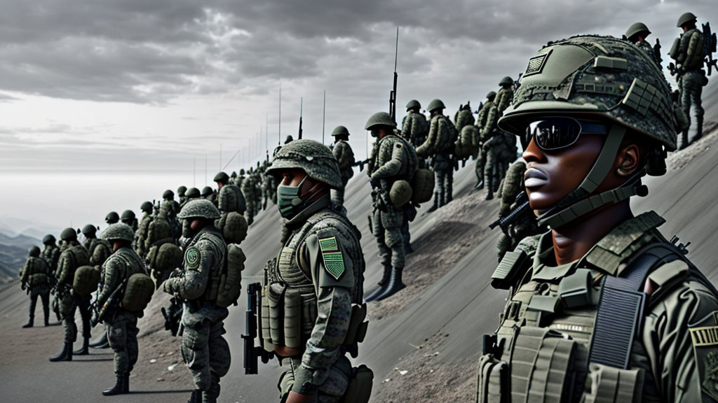 Soldiers in combat gear standing in formation on mountain road