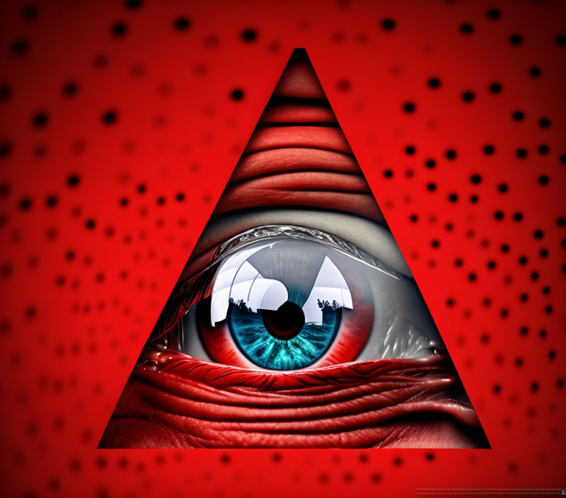 Detailed Human Eye Graphic in Red and Black Triangle: Mystique and Surveillance