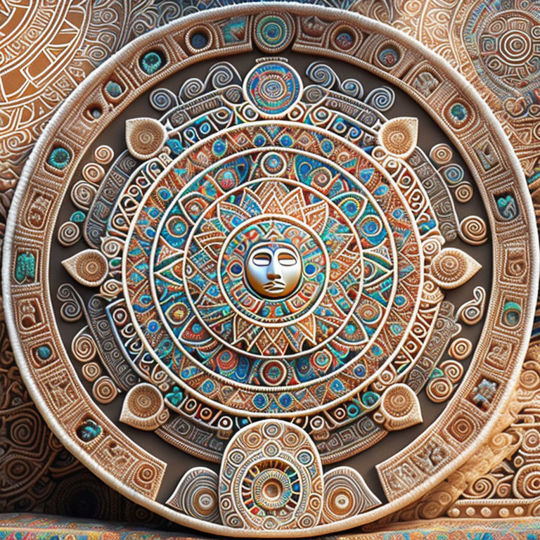 Intricate Earthy Mandala with Serene Face & Symmetrical Patterns