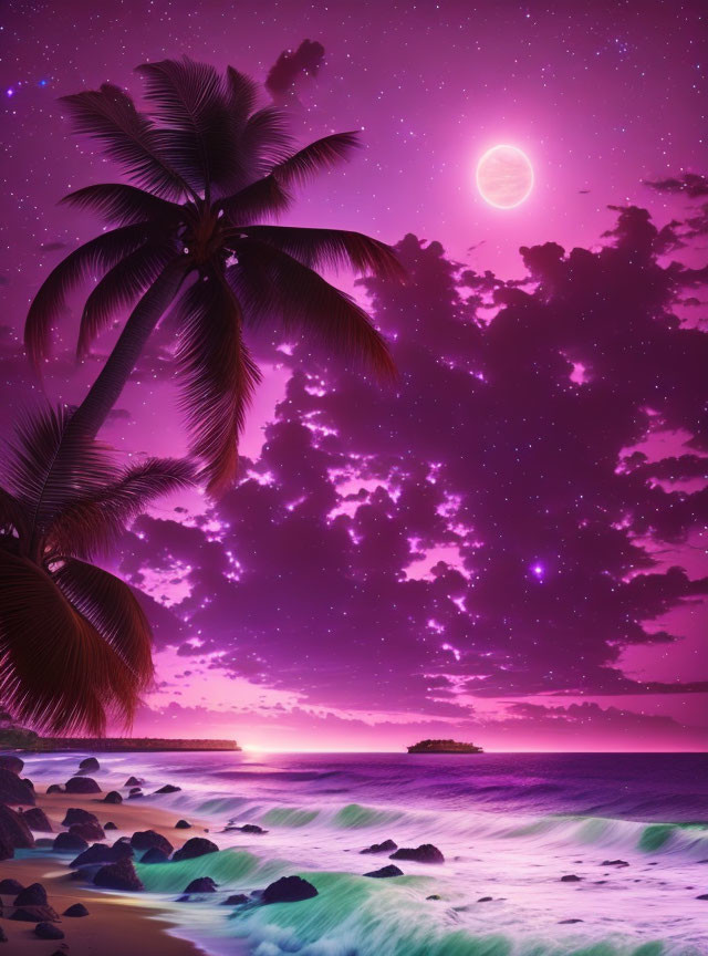 Twilight beach scene with purple sky, moon, stars, palm tree, and ocean waves