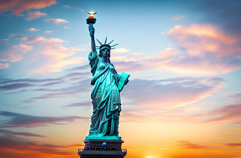 Iconic Statue of Liberty at Sunset with Vibrant Orange and Blue Sky