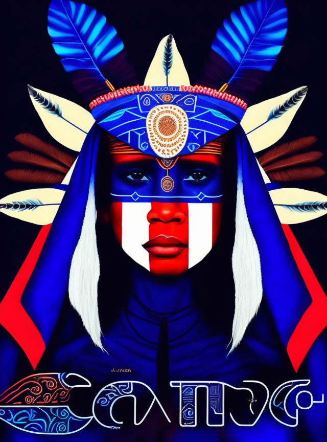 Colorful digital artwork: person with blue and red face paint and feathered headdress on dark blue