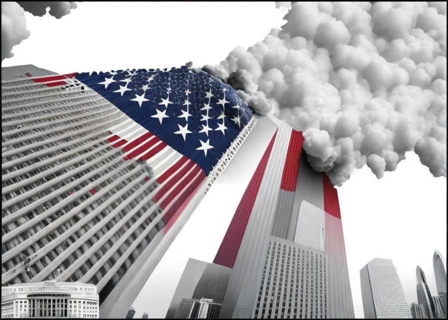 Two skyscrapers draped in an American flag in grayscale cityscape