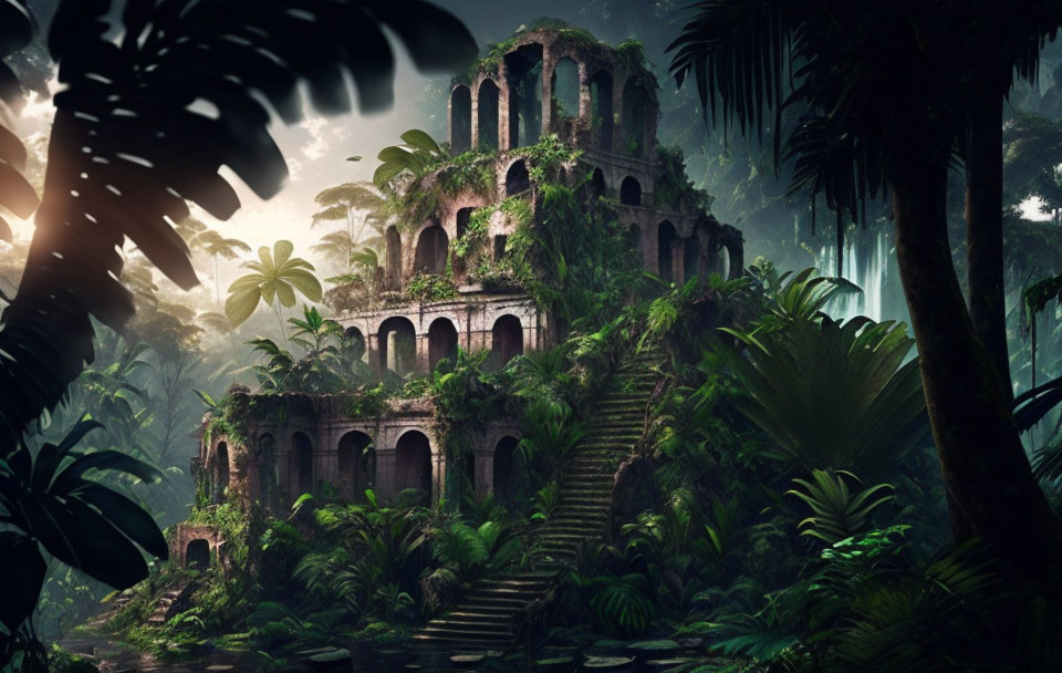 Ancient overgrown ruin with arches in misty jungle.