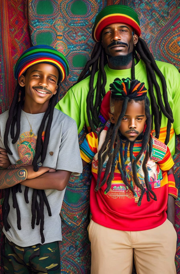 Three people in Rastafarian hats with dreadlocks on colorful backdrop