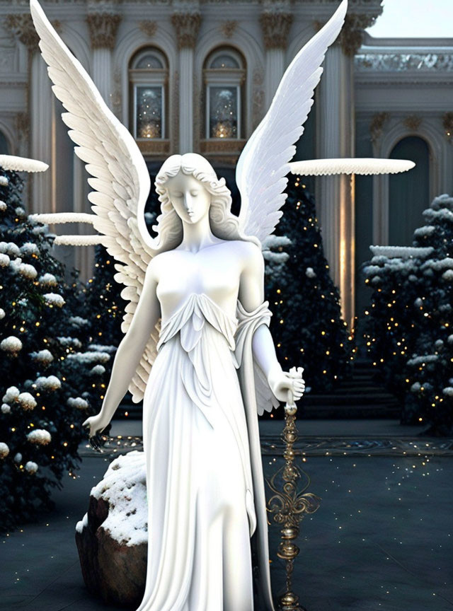 White Angel Statue with Feathered Wings Among Christmas Trees and Ornate Building