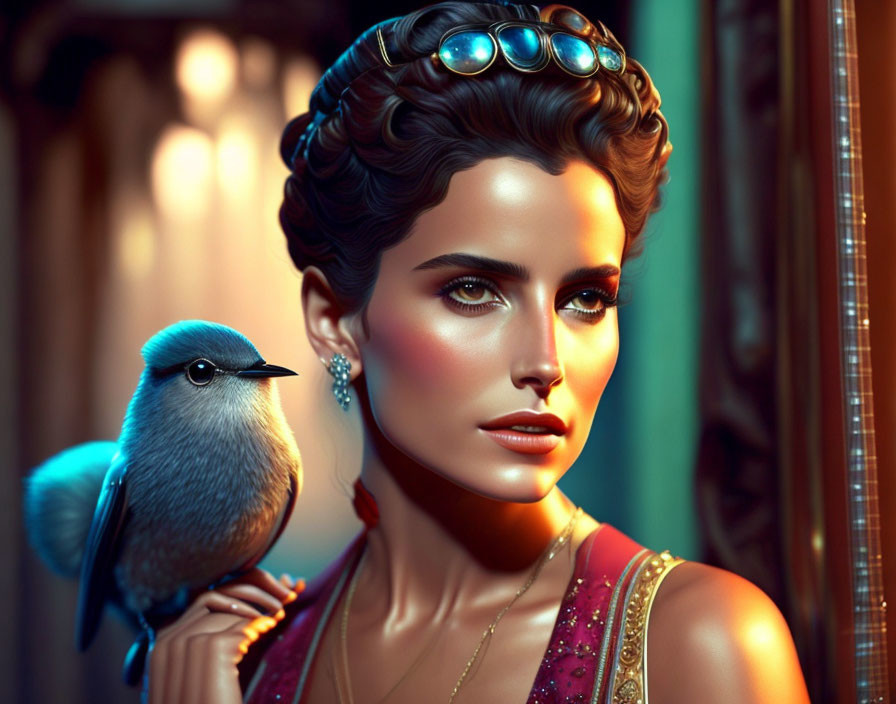 Portrait of woman with ornate hairstyle and jewelry, featuring a bluebird.