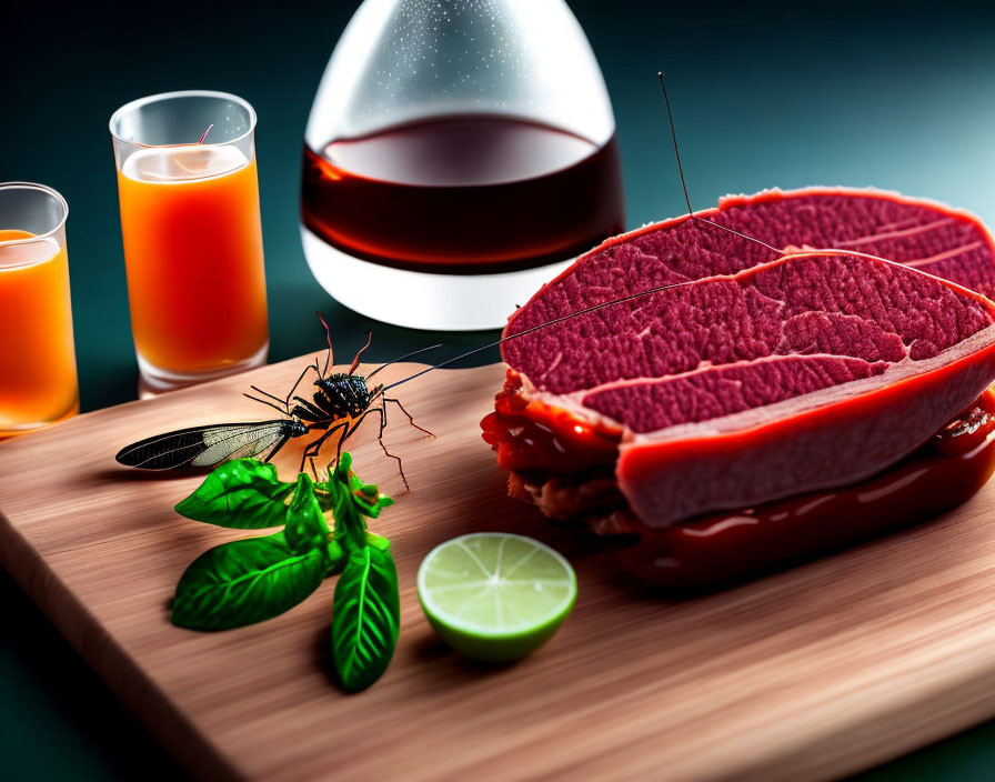 Fresh steak slices with lime, herbs, wine decanter, and glasses on wooden board