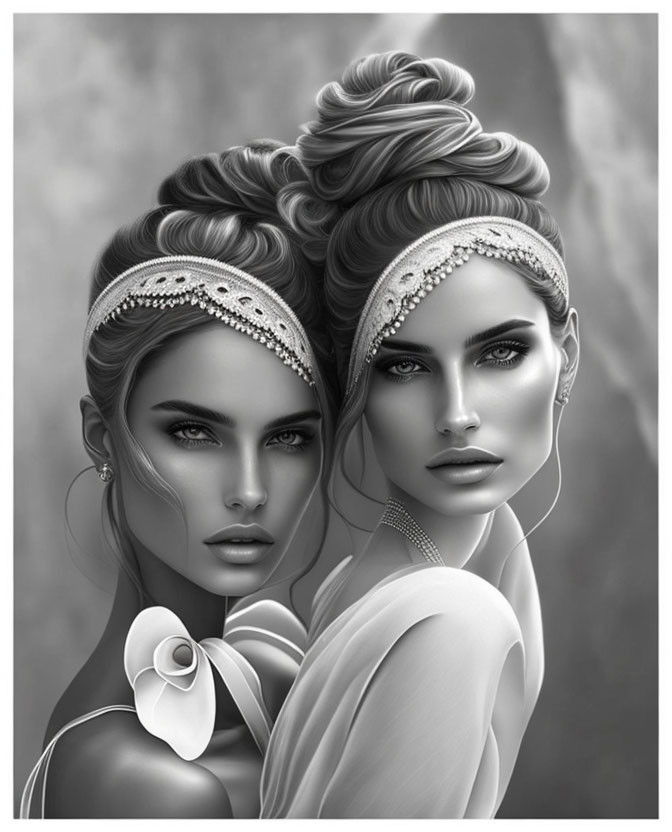 Elegant women with bejeweled headbands in monochromatic portrait