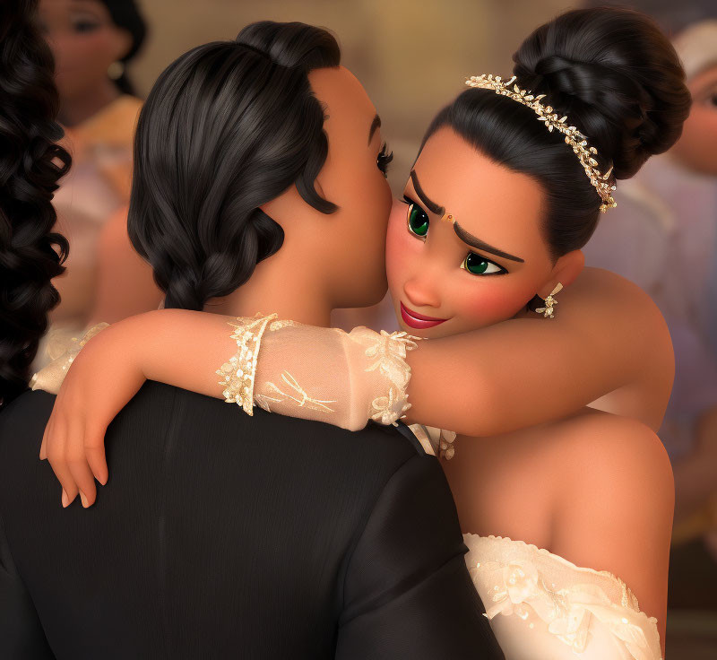 Animated characters in formal attire embracing with soft-focus crowd.