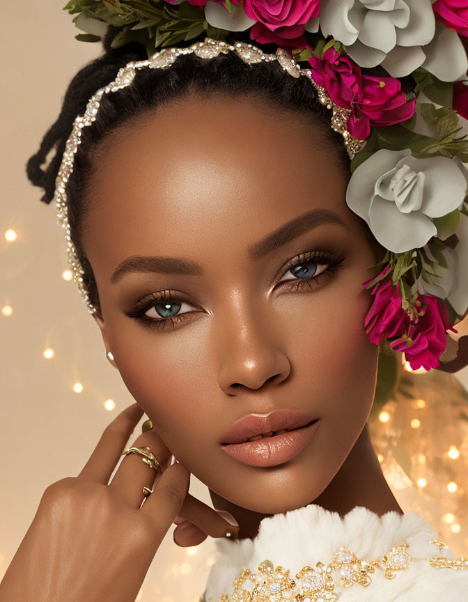 Portrait of a Woman with Flawless Skin and Striking Eyes in Floral Headpiece