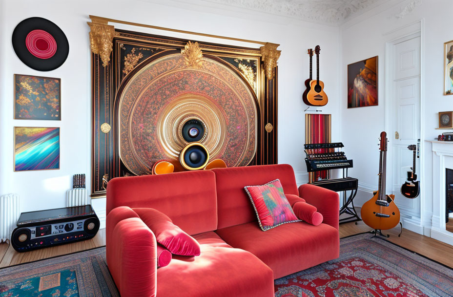 Colorful Living Room Decor with Red Sofa, Golden Wall Art, Instruments, and Modern Audio Gear