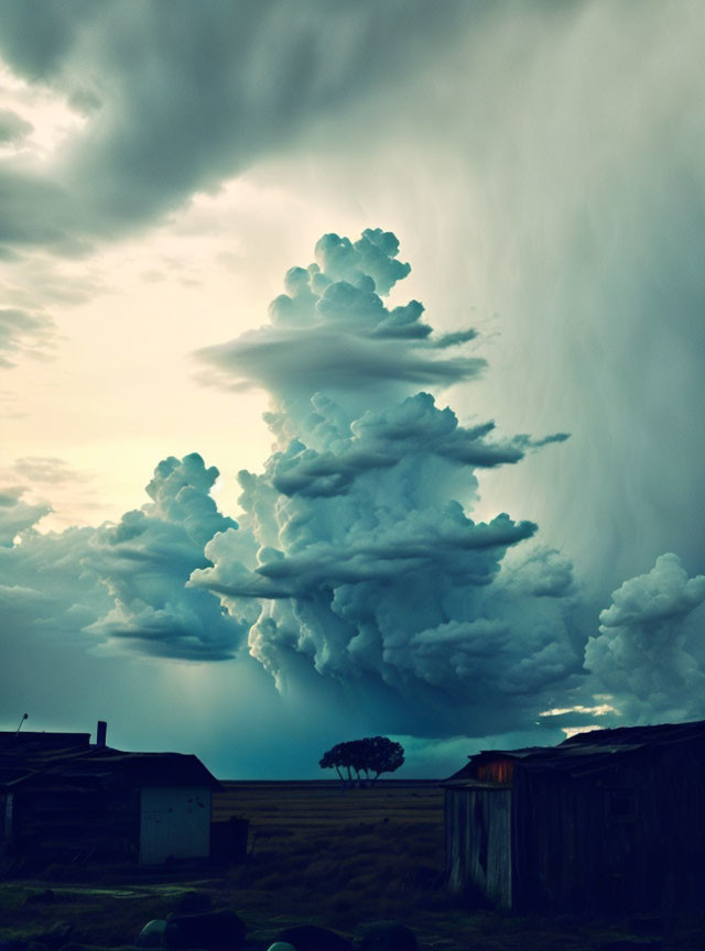 Stormy sky over rustic buildings and solitary tree