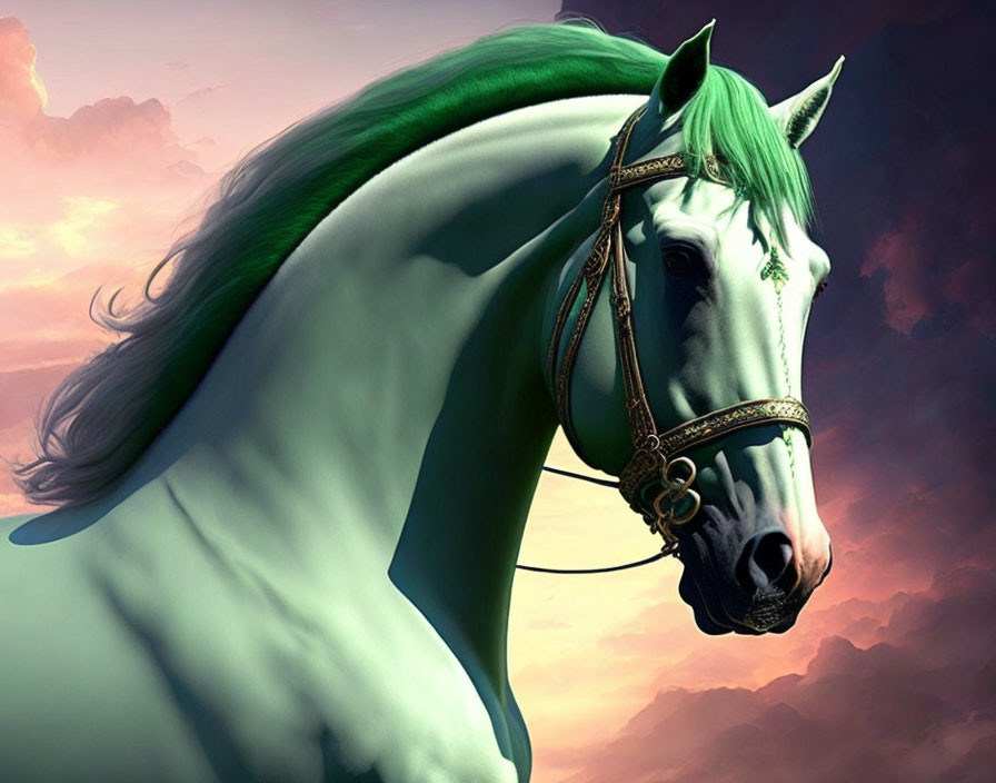 Majestic horse digital artwork with vibrant green mane on pink and purple sky.