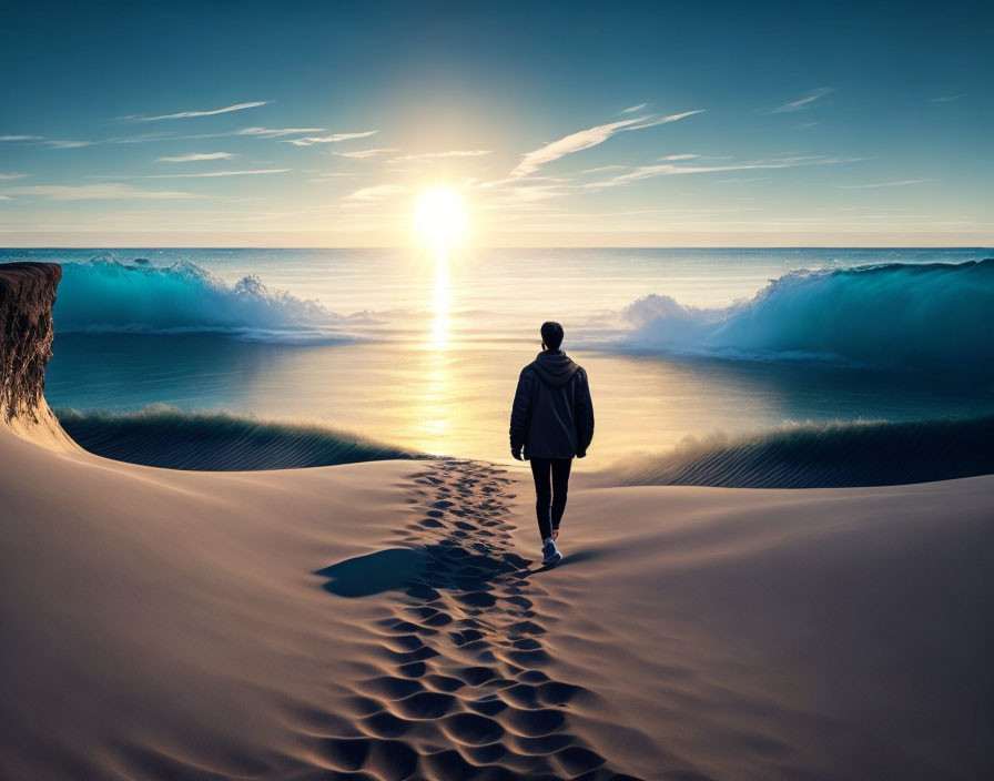 Person standing between two waves at sandy shore during sunset