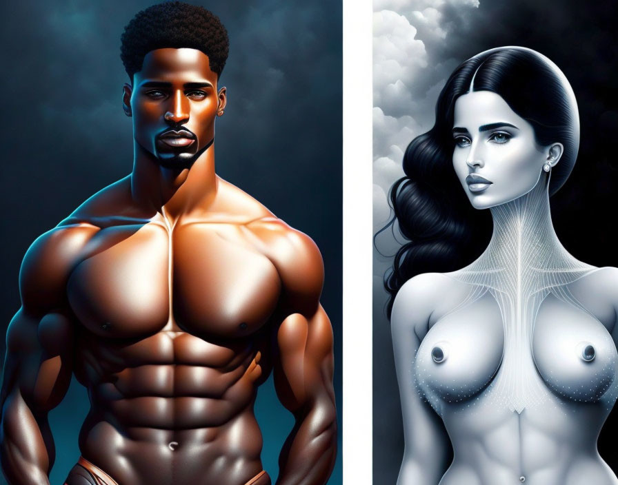 Hyper-realistic digital artwork of muscular man and woman in futuristic design on dark background