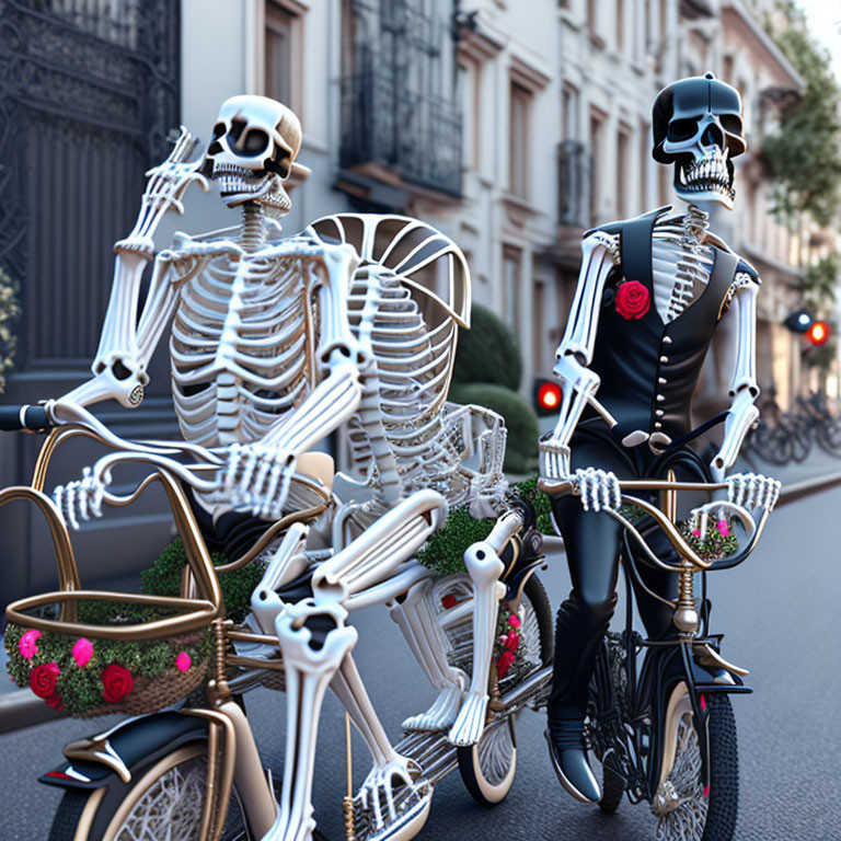 Skeletons on Bicycles in Urban Setting: Playful and Whimsical Scene