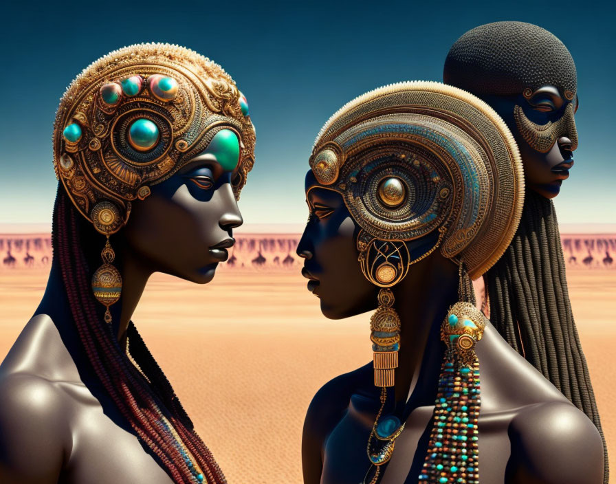 Three figures with intricate headpieces and jewelry in a futuristic desert setting