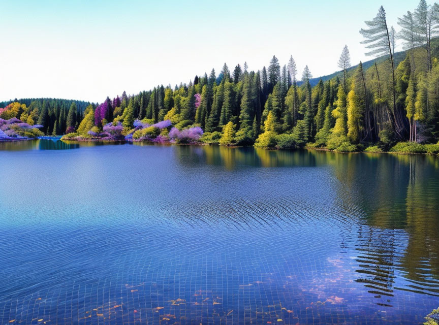 Tranquil Lake Reflecting Green and Pink Forest Under Blue Sky