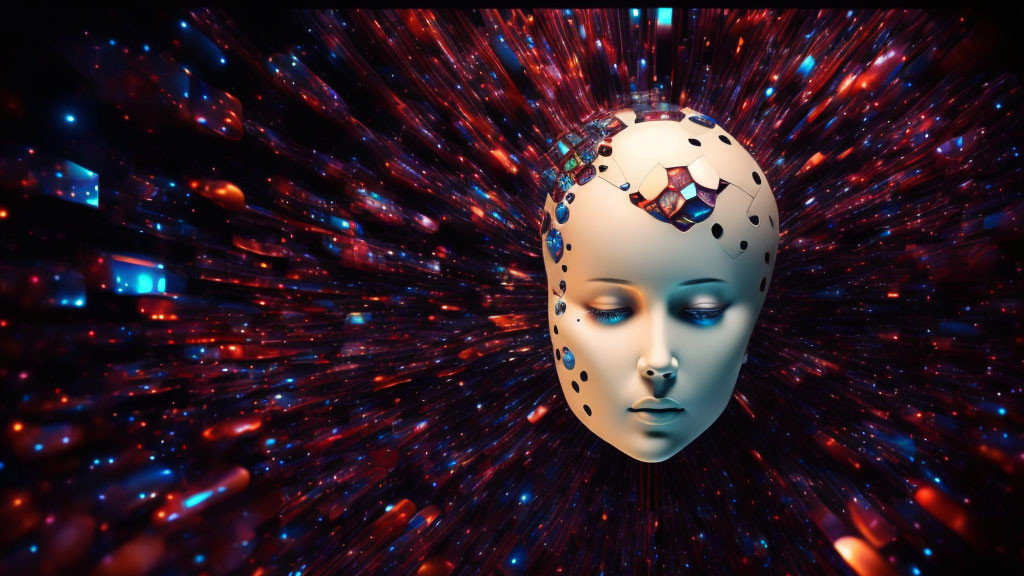 Intricate humanoid robot head on dynamic red and blue light streaks